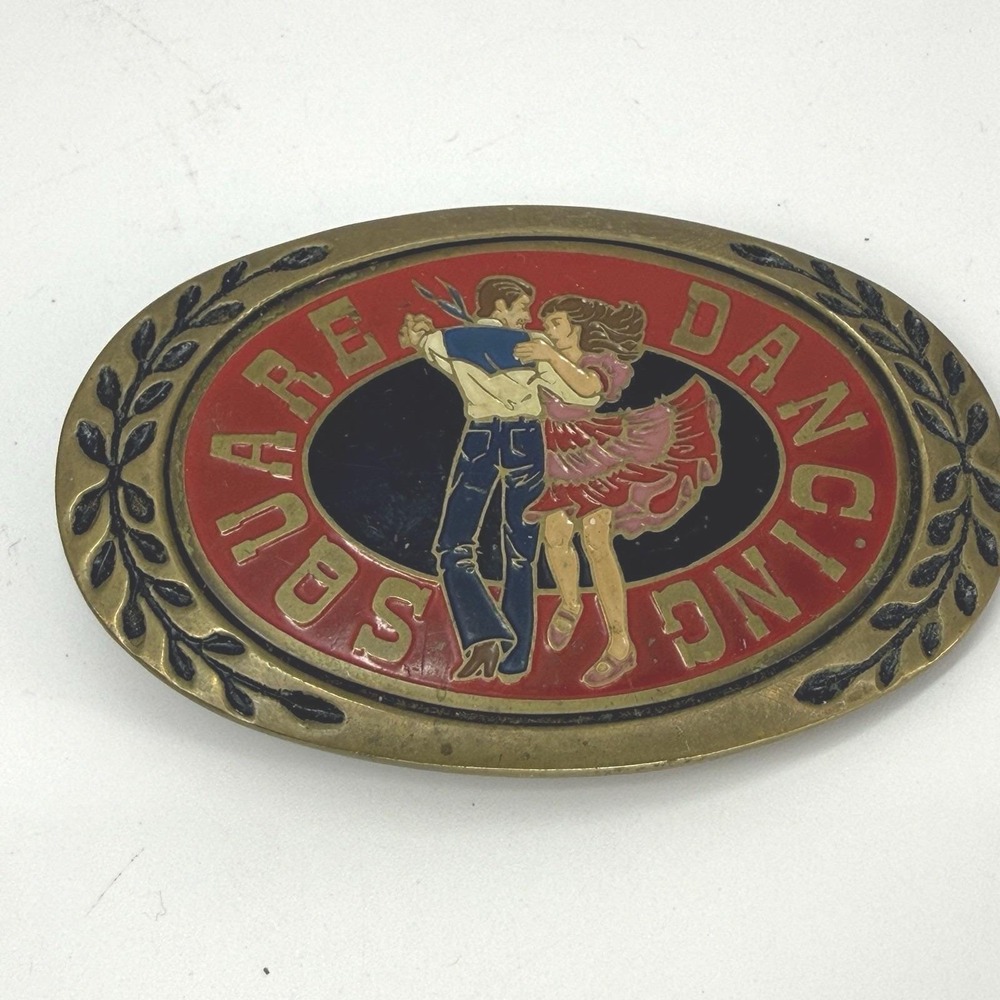 VINTAGE ADM SQUARE‎ DANCING BELT BUCKLE RED ENAMEL Western